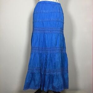 Bright blue 100% cotton tiered maxi crinkle skirt fairy beachy waist 32” sz M